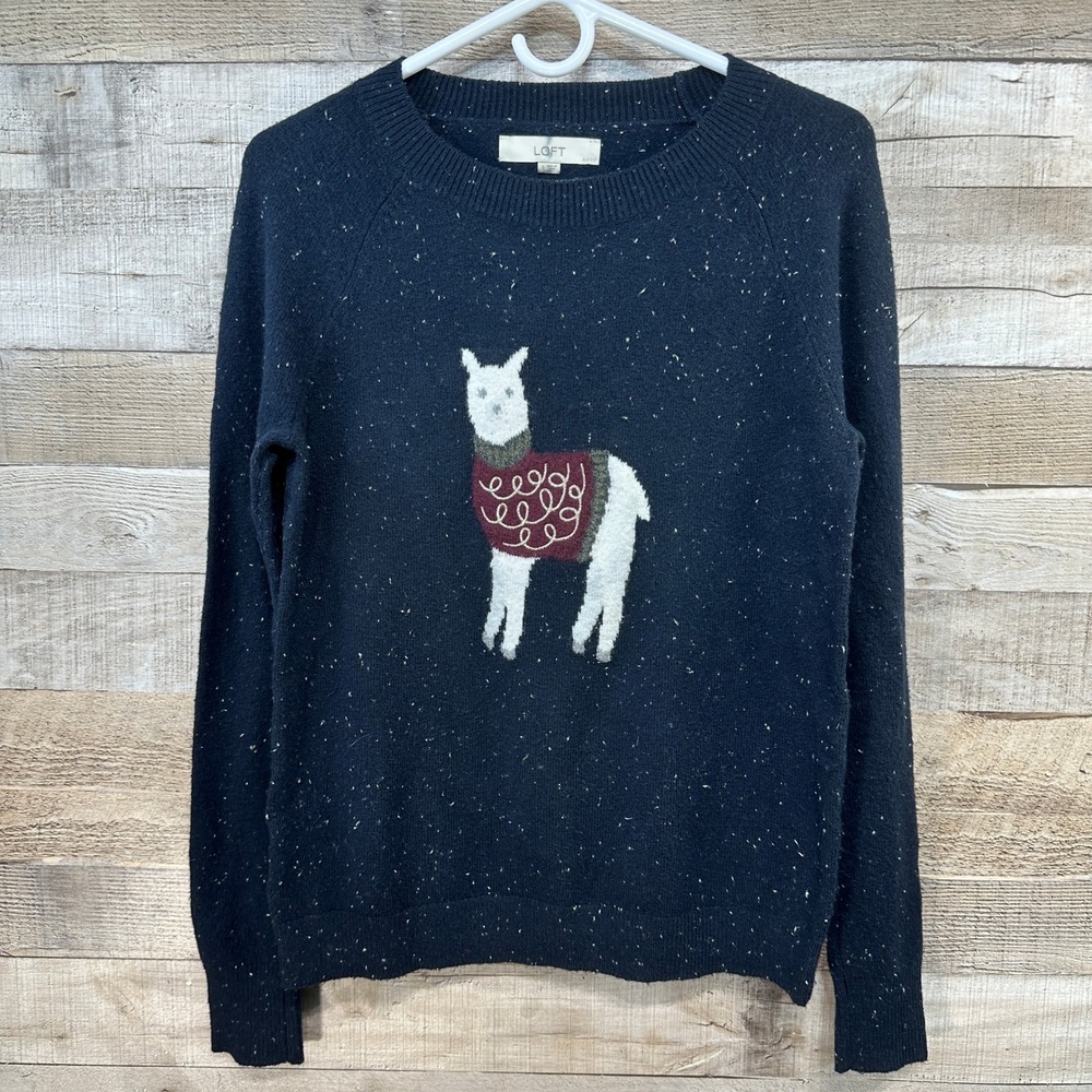 LOFT Womens Llama‎ Navy Blue White Speckle Crewneck Pullover Sweater Size Small